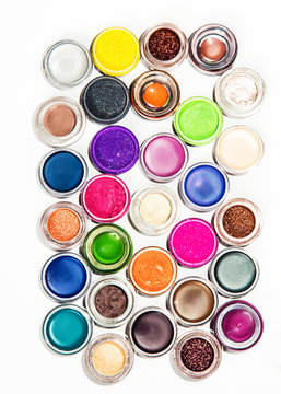 professional makeup set pigments set on white background.