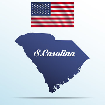 South Carolina state with shadow with USA waving flag