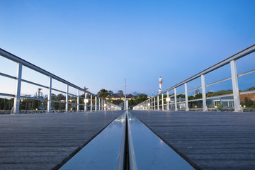 El Rompido marina footbridge at sunset, Cartaya, Huelva, Spain