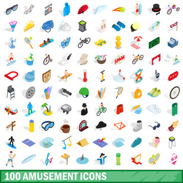 100 amusement icons set, isometric 3d style