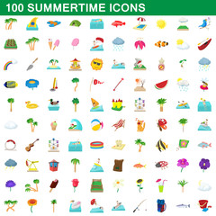 100 summertime icons set, cartoon style