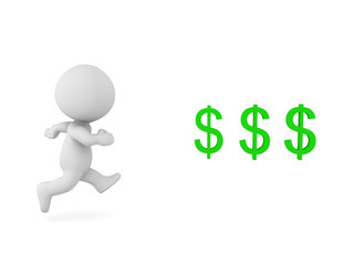 3D Character running towards dollar signs
