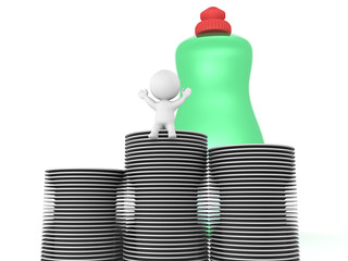 3D Character with dishes and dish soap