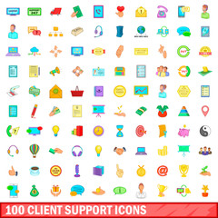100 client support icons set, cartoon style