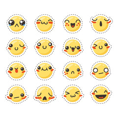 Set of cute lovely kawaii emoticon. Sticker collection.