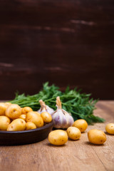 Potatoes in plate. Carrot tops, garlic and raw new potato. Fresh natural vegetables. Organic bio food on rustic wooden table.