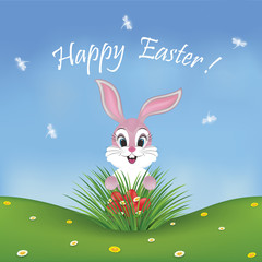 Happy Easter card with a cute pink bunny finding red eggs in in the grass. Dragonflies on the blue sky.
