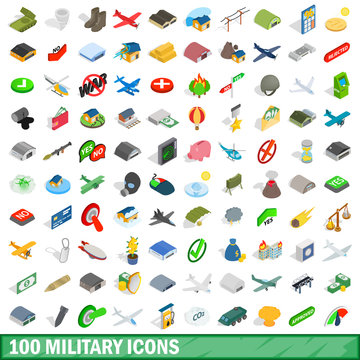 100 military icons set, isometric 3d style