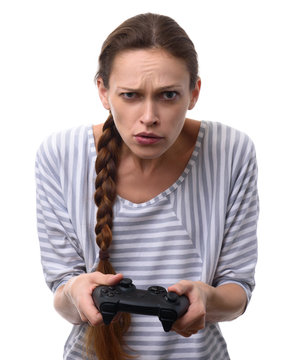 Woman Playing On Console. Video Game Addiction Concept