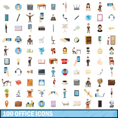 100 office icons set, cartoon style