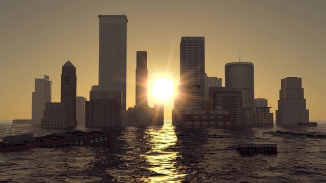 flooded city on sunset