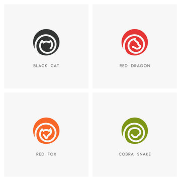 Animal logo set. Black cat, red dragon, fox and cobra snake symbols - pet and wild predator icons.