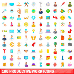 100 productive work icons set, cartoon style