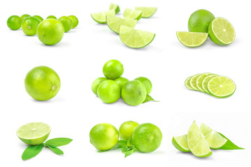 Collection of limes on a white background clipping path