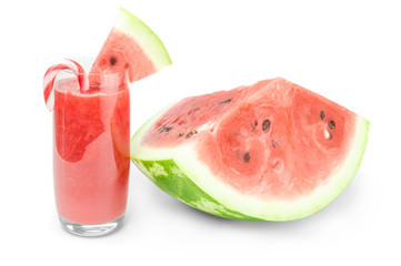 Glass of watermelon juice with straw and slices isolated on a white background
