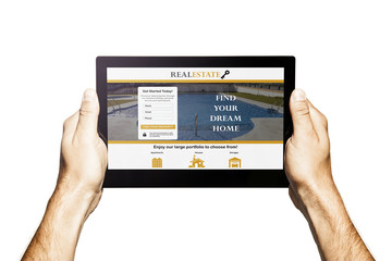 Real estate app in a tablet. Hands holding tablet. White background. - obrazy, fototapety, plakaty