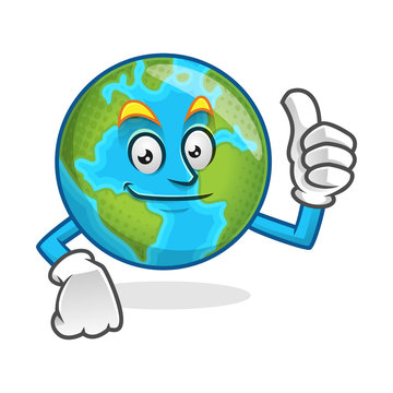 Smile thumb up earth mascot, earth character, earth cartoon vector 
