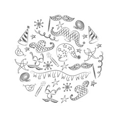 Hand Drawn Party Symbols Arranged in a Circle. Children Drawings of Masquerade Elements. Sketch Style. Vector Illustration.