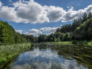 Trees and clouds reflecting in a water