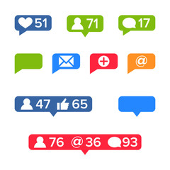 Notifications Icons Template Vector. Social network app symbols of heart like, new message bubble, friend request quantity number. Smartphone application messenger interface web notice elements set