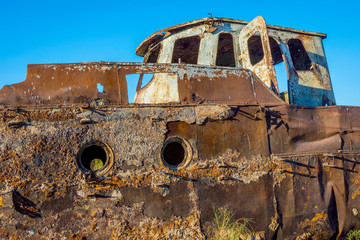 Rusted vessel in the ship cemetery, Uzbekistan