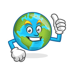 Thumb up earth mascot, earth character, earth cartoon vector 
