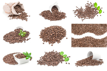 Collage of coffee grains on a isolated white background