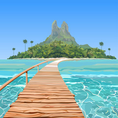 drawn tropical island with a bridge in the sea