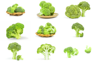 Collection of fresh raw broccoli isolated on a white background cutout