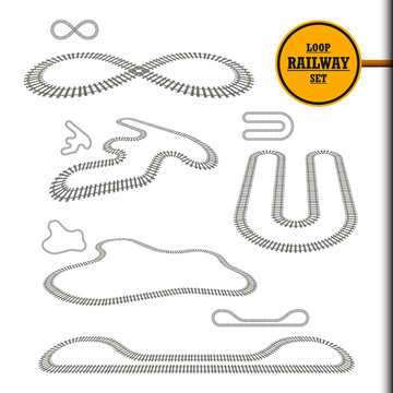 New railroad loop set, railway track, perspective, curve and turn design element collection, transportation vector illustration. Looped train paths set for toy, modeling, decoration, web, gift uses.