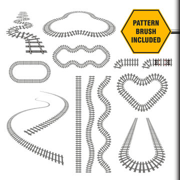 Vector illustration that include new railway border or railroad pattern brush and ready for use curves, perspectives, turns, twists, loops, elements, all rail transport path motives isolated on white.
