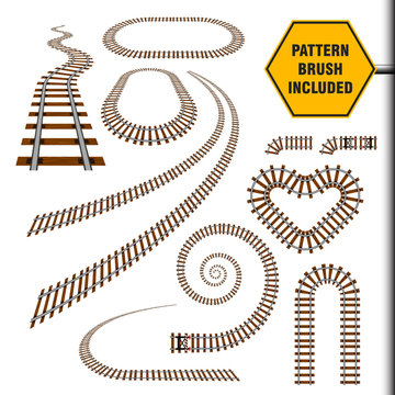 Vector illustration that include old railway border or railroad pattern brush and ready for use curves, perspectives, turns, twists, loops, elements, all rail transport path motives isolated on white.