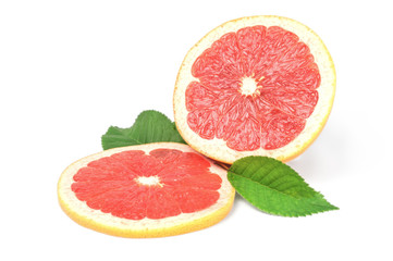 Ripe cut grapefruit and slice isolated on white background cutout