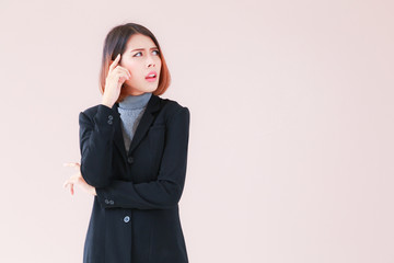 Modern business women confident pose with space pink background, Business woman standing, Asian people young beautiful businesswoman smile and wear shirt black suit. space pink background for texture