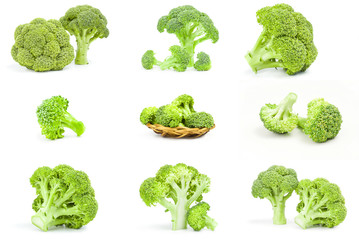 Collage of fresh head of broccoli isolated on a white background cutout