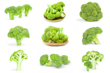 Collage of fresh green broccoli on a background