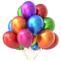 Happy birthday party balloons carnival decoration glossy colorful multicolored. Holiday anniversary celebrate new year's eve christmas greeting card design element. 3D illustration isolated