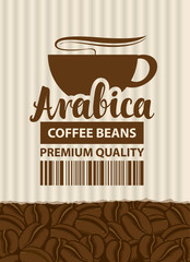 design vector label for coffee beans with cup and barcode in retro style on the striped background