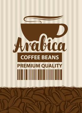design vector label for coffee beans with cup and barcode in retro style on the striped background