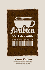 design vector label for coffee beans with cup and barcode in retro style on the background of beans