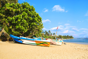 Bright boats on the tropical beach of Bentota, Sri Lanka on a sunny day