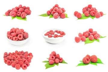 Collage of sweet raspberry close-up on white