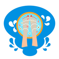 Cartoon vector illustration of female legs in hot bath with flower petals on a blue water background. Relaxation procedures.