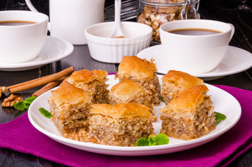 Homemade baklava with filo dough and walnuts in honey and sugar syrup