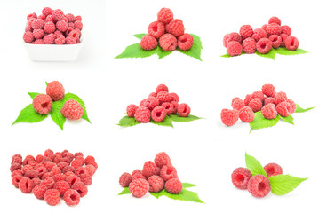 Collage of ripe raspberries on white