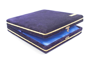 Vintage blue plush jewellery gift box isolated on white