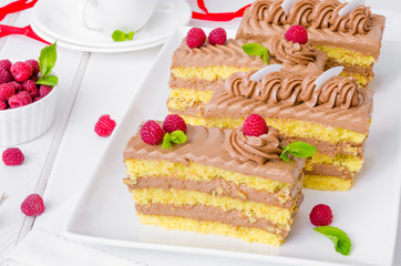 Vanilla cake with chocolate cream and raspberries