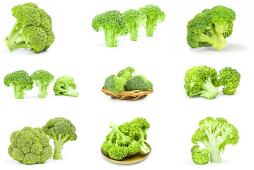 Collection of broccoli cabbage close-up on white