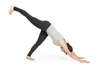 Yoga woman grey Position adho muka shavasana