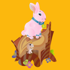 Set of easter chocolate egg hunt bunny basket on green grass decorated flowers, rabbit funny ears, happy spring holiday tradition greeting card or banner collection vector illustration background1